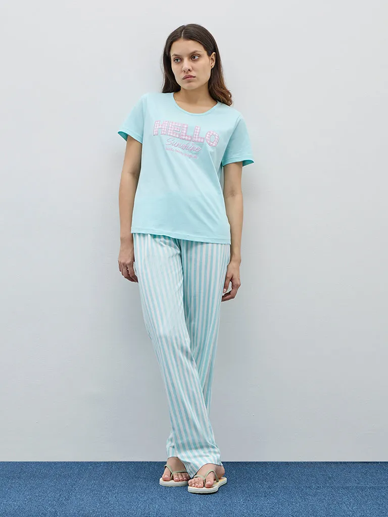 Wunderlove Sage Embroidered Cotton Pyjamas Set In A Bag