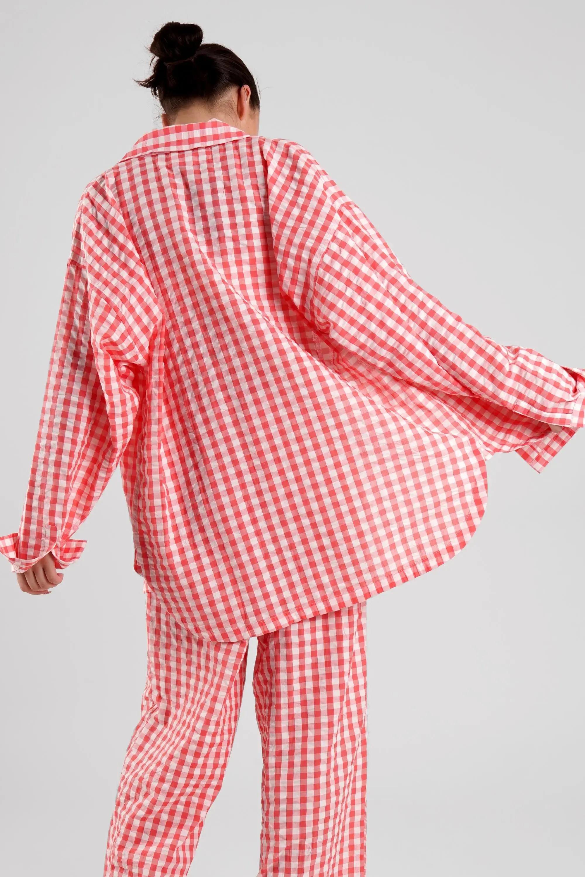 Yew Gingham Check Ethical-Cotton Pyjama Shirt - Canyon Peach