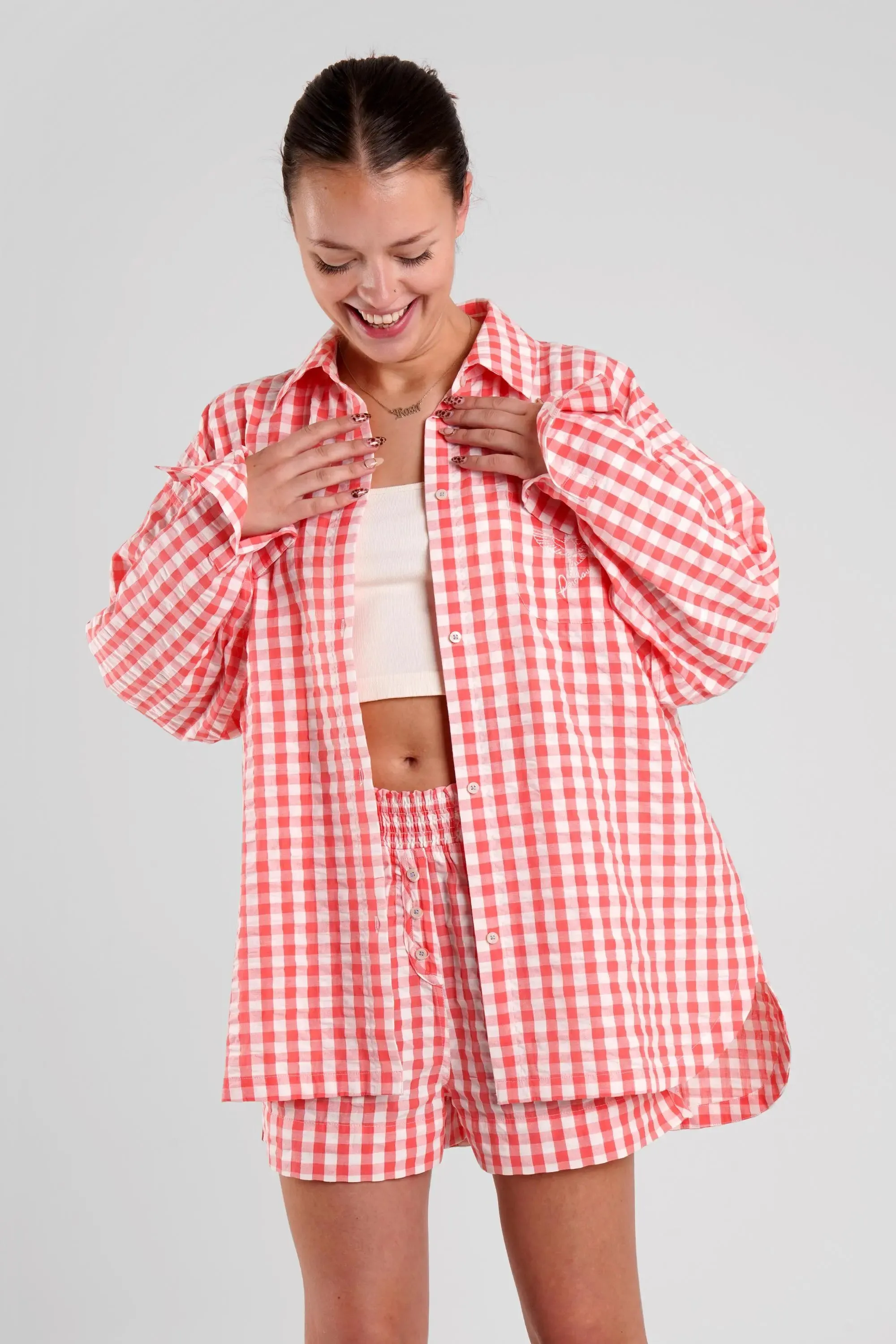Yew Gingham Check Ethical-Cotton Pyjama Shirt - Canyon Peach