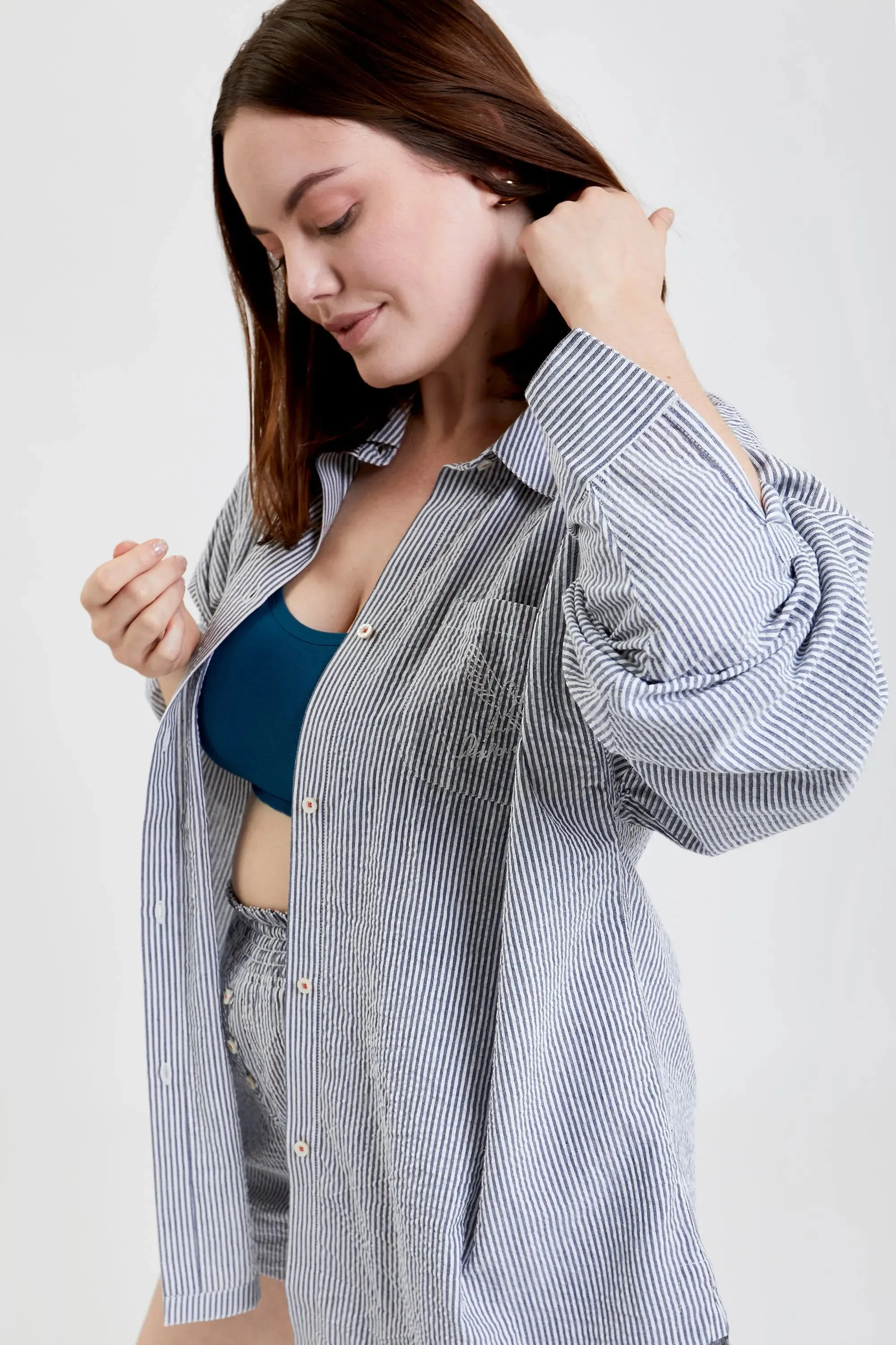 Yew Striped Ethical-Cotton Pyjama Shirt - Pinstripe Charcoal